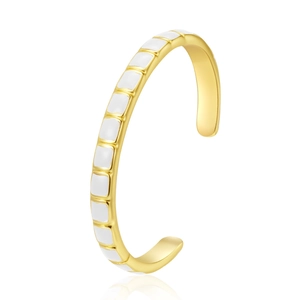 Adjustable bamboo-style gold bangle with white enamel inlay in a minimalist design