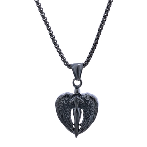 Unisex black angel wing heart pendant necklace with beaded chain in punk style