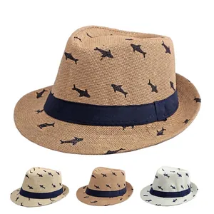 Classic straw panama sun hat with shark pattern available in beige, brown, and light grey