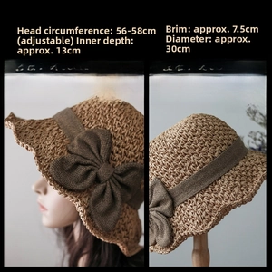 Size chart showing dimensions for a woven straw hat with bow and 7.5cm wavy brim