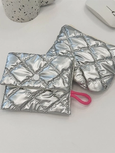 Chic silver quilted heart-shaped clutch bag and small pouch with pink strap for makeup