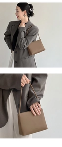 Detailed close-up of khaki leather handbag texture with professional model styling shots