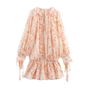 Florales Chiffon Minikleid Langarm Bindeband Rüschen Boho Hohe Taille Aprikose Süßes Botanisches Muster