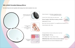 Detail view of foldable LED makeup mirror showing dual 2x 10x magnification and USB port