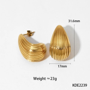 Detailed view of gold stainless steel C-shape earrings with striped texture and dimensions