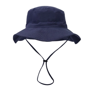Navy blue breathable children's bucket hat with an adjustable chin strap for sun protection