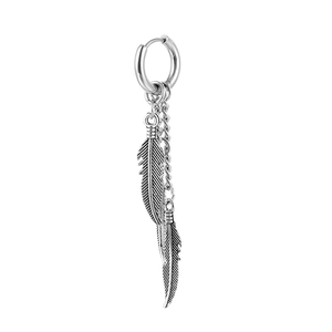 Silver stainless steel hoop earrings with hanging chain and two feather charms for men