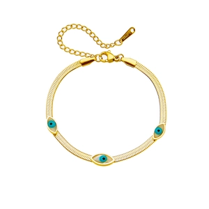 Gold stainless steel flat snake chain bracelet featuring three blue evil eye charms