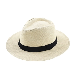 Chapeau de soleil en paille beige à large bord avec ruban noir pour plage d'été