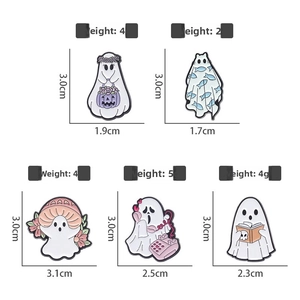 Detailed size chart for five ghost enamel pins featuring weights and dimensions