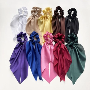 Elegant silk satin hair scrunchies with long ribbons in 10 assorted vibrant colors