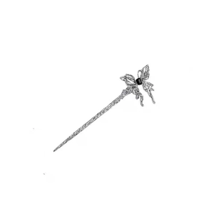 Silver liquid metal butterfly hair pin with black crystal stone on white background