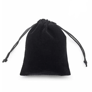 Elegant black velvet drawstring pouch for jewelry packaging on white background