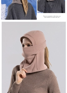 Close-up detail of winter fleece hood mask with ponytail hole and neck warmer protection