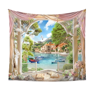 Detail view of 3D Mediterranean seaside landscape tapestry with balcony and sea scenery
