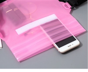 Detail view of pink PVC waterproof waist bag showing high storage capacity for phones