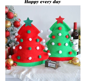 Detail of red and green Christmas tree felt hats with colorful pom-poms and stars