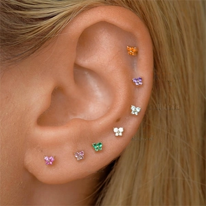 Butterfly Flower Ear Studs Copper Plated Gold Colorful Zircon Piercing Jewelry Screw Ball Back Earring For Women