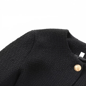 Women's black tweed jacket with gold embossed buttons and belt, high-quality woven fabric