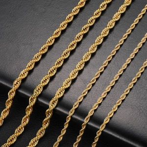 High quality gold plated stainless steel rope chain necklaces shown in multiple thicknesses