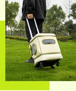 Macro view of portable pet stroller featuring silent swivel wheels and mesh ventilation