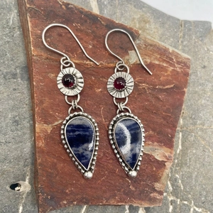 Vintage teardrop enamel drop earrings with red rubies and blue stones in ethnic style