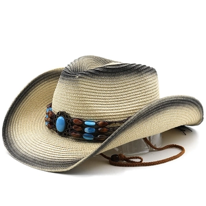 British style wide brim cowboy straw hat with gradient color and beaded band
