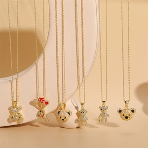 Colliers ours en peluche plaqués or 14 carats avec perles, zircon et cœurs en émail