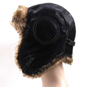 Men's black PU leather aviator hat with warm brown faux fur lining and ear flaps