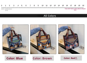 Detail of ethnic canvas tote bags with tassels and colorful geometric patterns