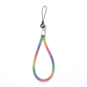 Rainbow rhinestone phone wrist strap with sparkling gems and polished silver metal cap