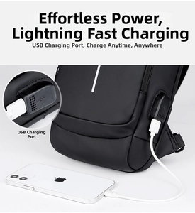 Waterproof black sling bag for men with external USB charging port and cable detail