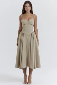 Full view of a French vintage beige midi dress with corset bodice and pleated A-line skirt