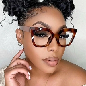 Close-up of stylish leopard print cat-eye glasses frame worn by a female model