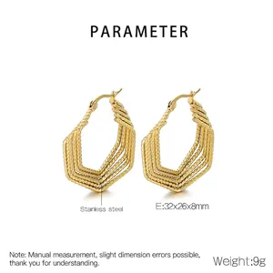 Detailed parameter view of gold stainless steel multi-layered hexagonal rope earrings