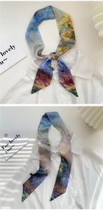 Artistic oil painting silk scarf styled on a white shirt collar for fashion decoration