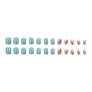 Short square press-on nails set with 24pcs blue and wave pattern minimalist design