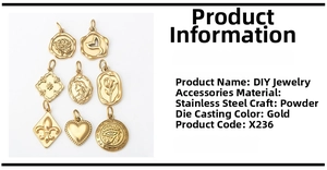 Detailed macro view of gold stainless steel DIY pendants with embossed floral and heart patterns