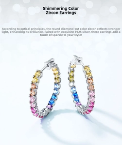 Close-up of S925 silver hoop earrings with multi-colored pavé cubic zirconia stones