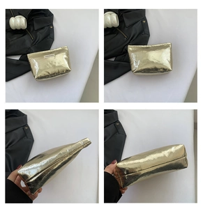Detailed four-way view of golden snake-textured makeup bag with zipper closure and logo