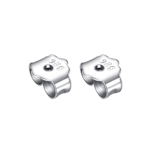 Pair of S925 sterling silver earring backs with engraved hallmarks on white background
