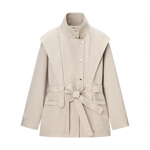Women Stand Collar Trench Coat Polyester Solid Color Windbreaker With Adjustable Belt And Large Pockets Long Sleeve