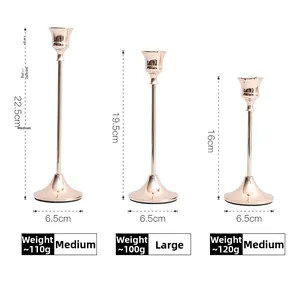 Dimensioni dettagliate del set di tre candelabri in metallo oro rosa con misure