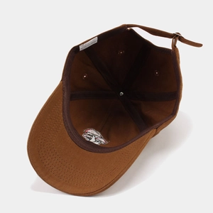 Deep brown cotton baseball cap interior view featuring premium stitching and adjustable metal buckle