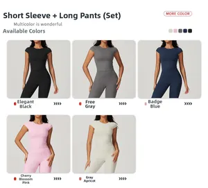 Collage of women's yoga sets in five matte colors showing snug fit and high waist design