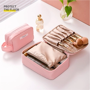 Set de trousses à maquillage roses imperméables avec grande capacité et porte-pinceaux