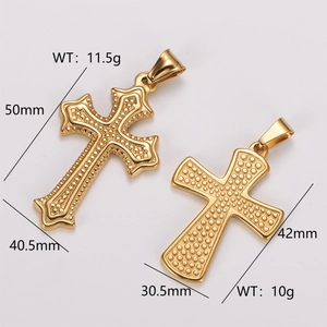 Polished golden stainless steel cross pendants with embossed textures and dimensions