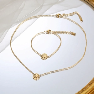 Elegant gold-plated stainless steel Tree of Life jewelry set with necklace and bracelet