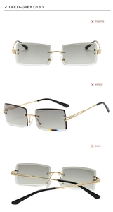 Three-way view of rimless square sunglasses with gold temples and gradient grey lenses
