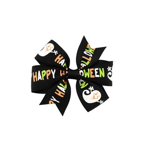 Black grosgrain ribbon bow hair clip with white ghost and Happy Halloween print